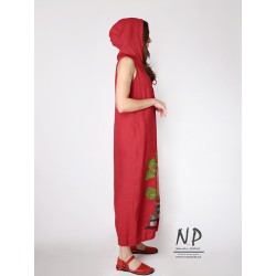 Hand-painted red oversize dress with a hood, made of natural linen
