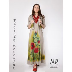 Hand-painted long linen dress with straps in a set with a linen jacket