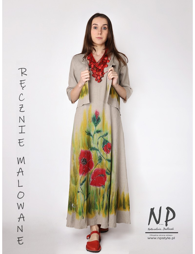 Hand-painted long linen dress with straps in a set with a linen jacket