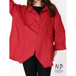 Hand-painted asymmetrical red linen shirt jacket with a collar