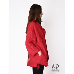 Hand-painted asymmetrical red linen shirt jacket with a collar