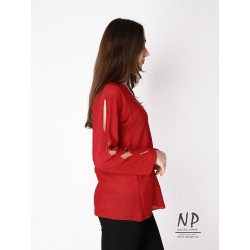 Red linen sweater with holes on the sleeves and a V-neck