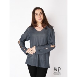 Gray linen sweater with holes on the sleeves and a V-neck