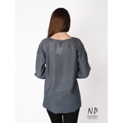 Gray linen sweater with holes on the sleeves and a V-neck