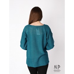 Sea-colored linen sweater with holes on the sleeves and a V-neck