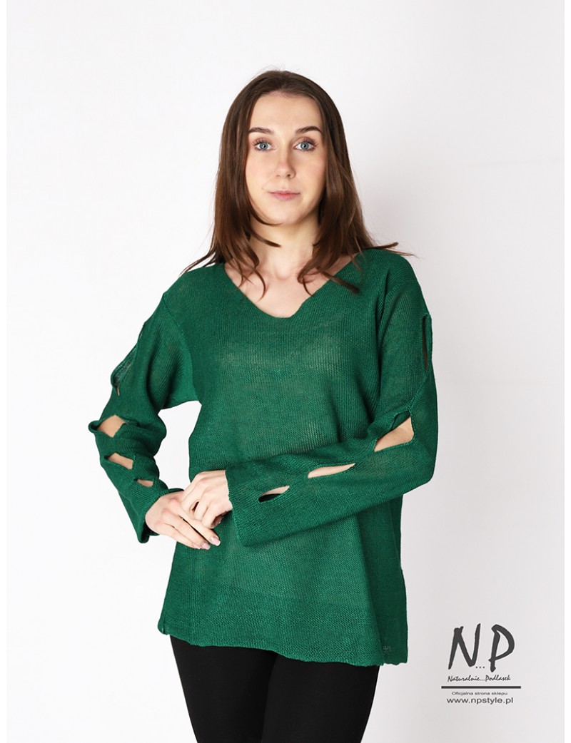 Green linen sweater with holes on the sleeves and a V-neck