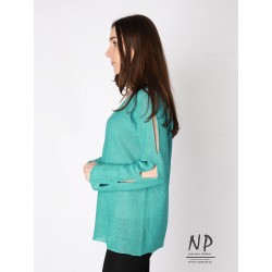 Turquoise linen sweater with holes on the sleeves and a V-neck