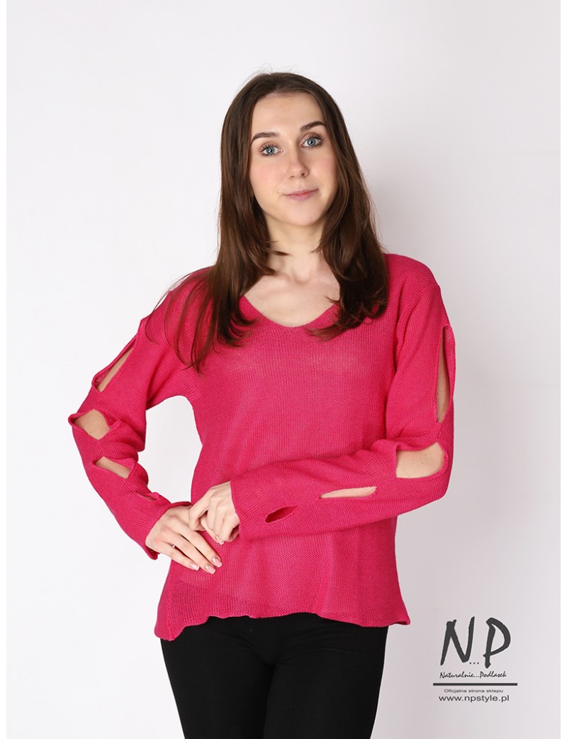 Fuchsia linen sweater with holes on the sleeves and a V-neck