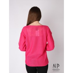 Fuchsia linen sweater with holes on the sleeves and a V-neck
