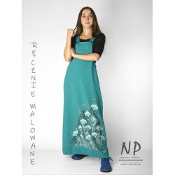 Hand-painted turquoise long dungaree dress made of cotton knit fabric