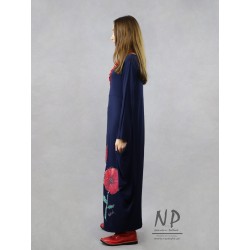 Hand-painted navy blue maxi bauble dress made of viscose knitwear