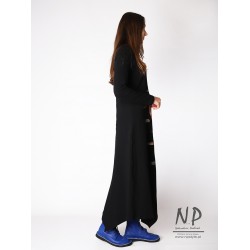 Hand-painted black maxi dress with an asymmetric hem, long sleeves and a round neckline