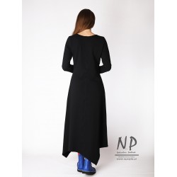 Hand-painted black maxi dress with an asymmetric hem, long sleeves and a round neckline