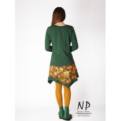 Hand-painted green knitted mini dress with an asymmetric hem