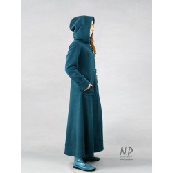 Women's long woolen coat with a hood, made of warm steamed wool