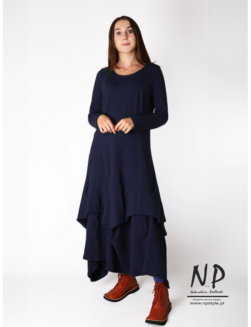 Navy blue maxi dress with a detachable bottom, made of cotton fabric