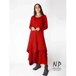 Czerwona sukienka maxi z podpinanym dołem, uszyta z dzianiny bawełnianej