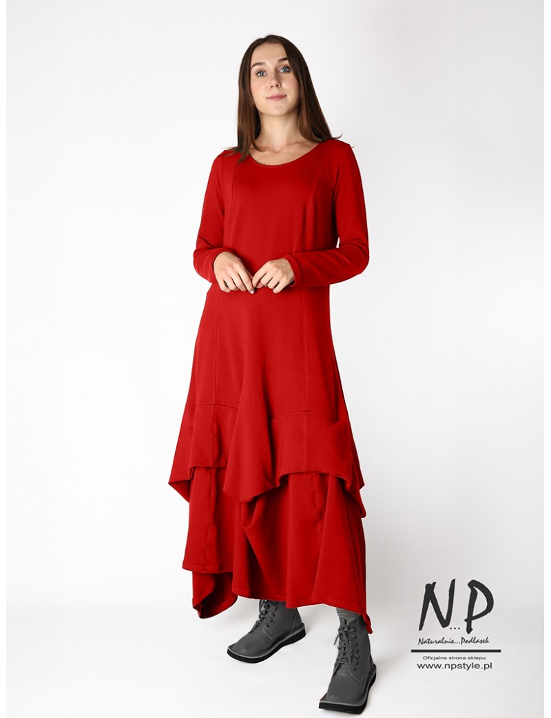 Red maxi dress with a detachable bottom, made of cotton fabric