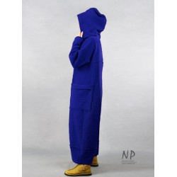 Long blue winter coat with an oversize hood, made of warm steamed wool
