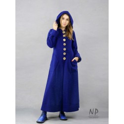 Women's long woolen coat with a hood, made of warm steamed wool, sapphire color