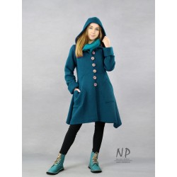 A short coat with a hood made of the highest quality wool fabric.
