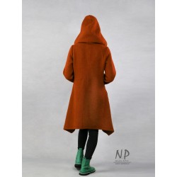 Short auburn coat with a hood made of the highest quality woolen fabric