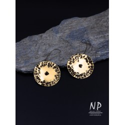 Hand-made forged brass earrings decorated with small amber