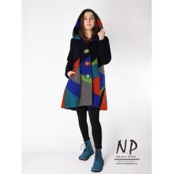 Multicolored patchwork coat with a hood, made of steamed wool, asymmetric cut with an elongated back