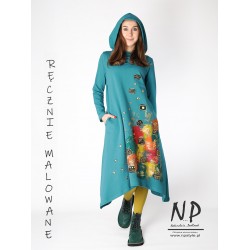 Hand-painted turquoise midi dress with a hood, made of cotton fabric