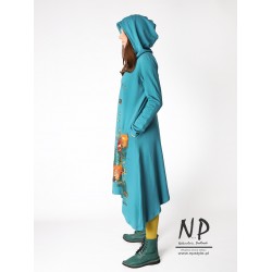 Hand-painted turquoise midi dress with a hood, made of cotton fabric