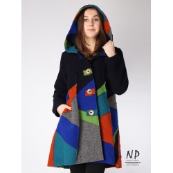 Multicolored patchwork coat with a hood, made of steamed wool, asymmetric cut with an elongated back