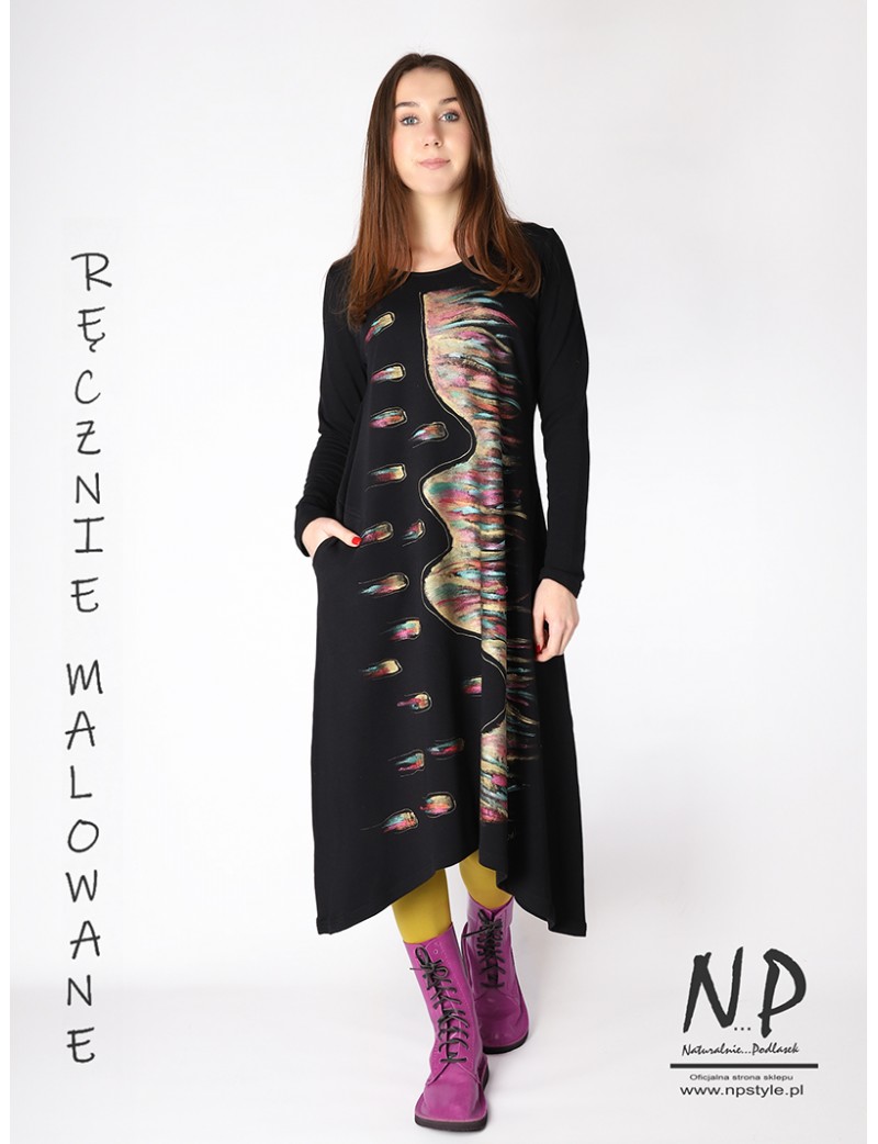 Hand -painted black midi dress, made of cotton knitwear