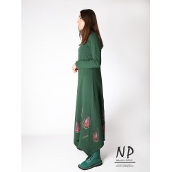 Hand-painted green maxi dress with an asymmetric hem, long sleeves and a round neckline
