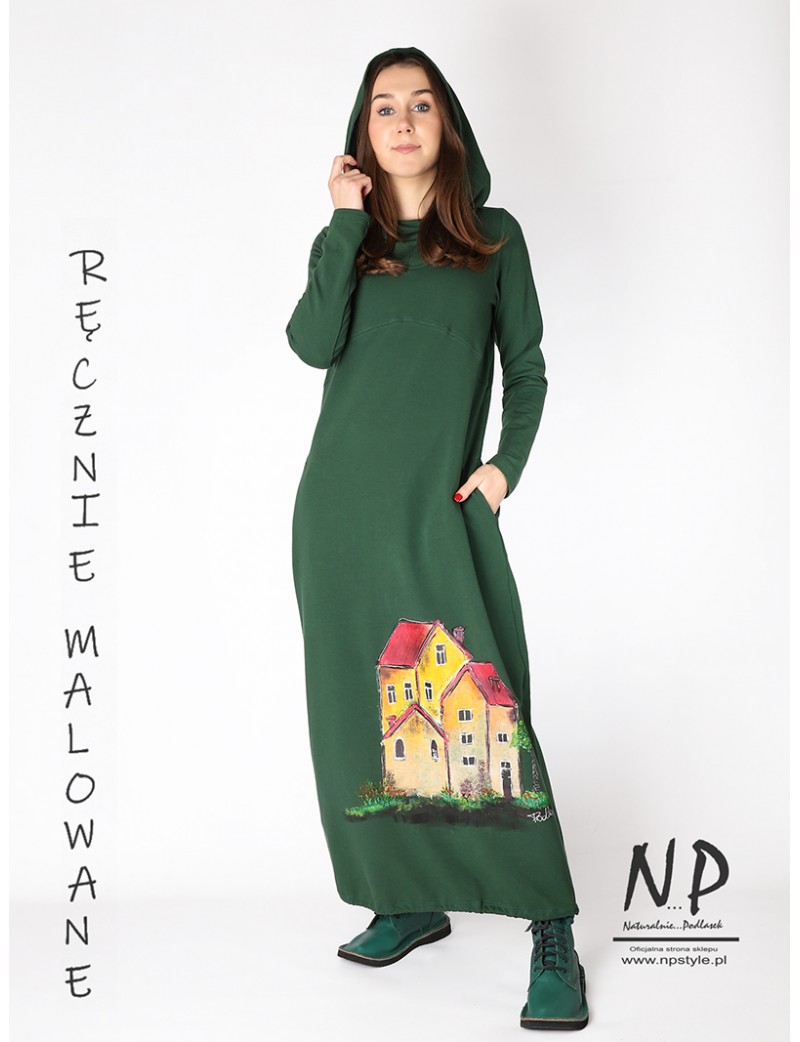 Green knitted dress with a hood and turtleneck and hand-painted houses