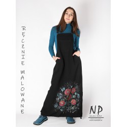 Hand-painted black long pinafore dress made from cotton knit.