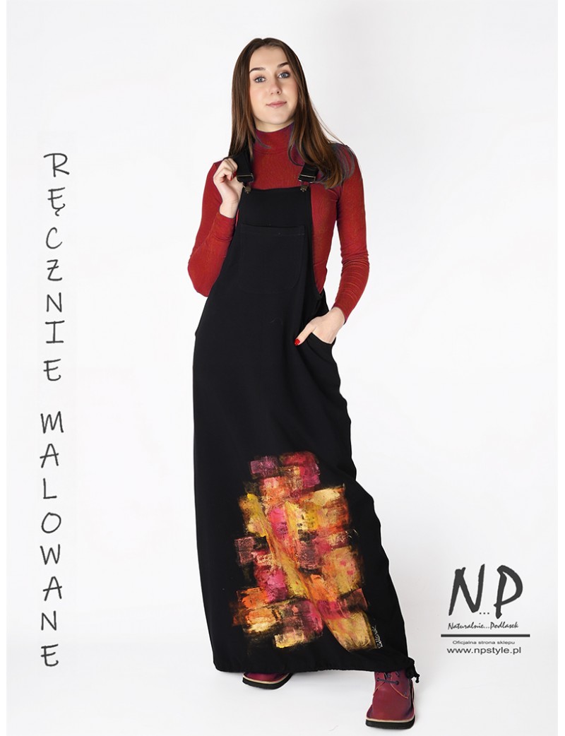 Hand-painted black long pinafore dress made from cotton knit.