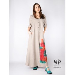 Hand-painted linen maxi dress, button-up to the waist with elbow-length sleeves and a front slit.