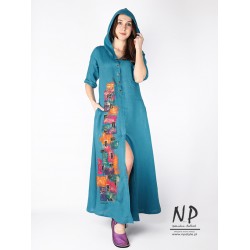 Hand-Painted Linen maxi dress with hood, half-buttoned, elbow-length Sleeves, and front slit