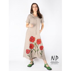 Hand-painted linen dress with an oversized and asymmetrical cut, featuring a hood