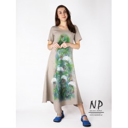 Hand-painted linen dress with short sleeves and an asymmetrical cut
