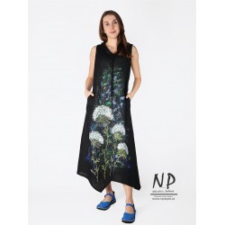Hand-painted black linen dress with a hood in an oversized and asymmetrical cut
