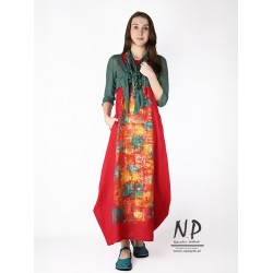 Hand-painted, long bubble dress on straps, made from natural linen