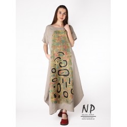Ręcznie malowana sukienka bombka z krótkim rękawem, uszyta z naturalnego lnu