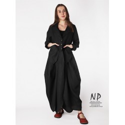 Women's long linen black coat made in a loose, avant-garde style
