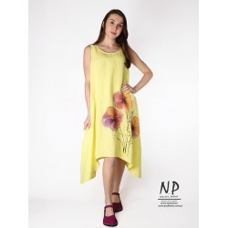 Ręcznie malowana zwiewna żółta lniana sukienka midi na ramiączkach