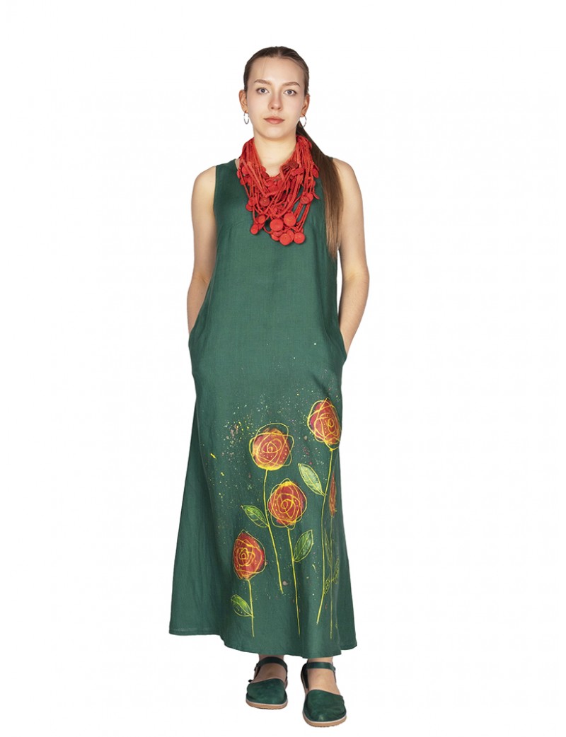 Hand Painted Green Linen Strapless Maxi Dress Hand Painted Green Linen Strapless Maxi Dress