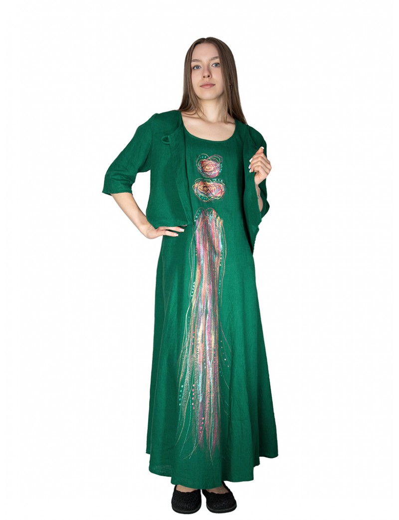 Long green linen dress with jacket, decorated with hand-painted patterns