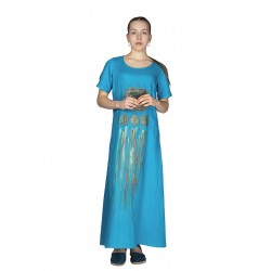 Hand-painted blue linen maxi dress with short sleeves cut along the shoulder
