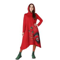 Hand-painted red midi dress with a hood, made of cotton fabric