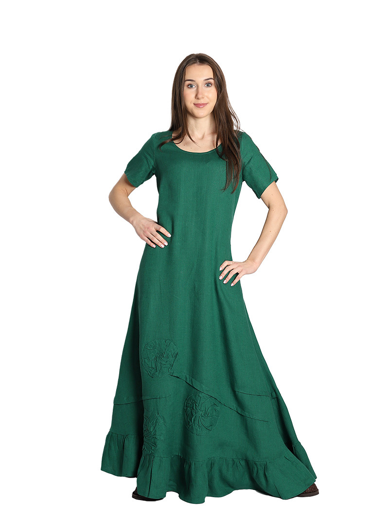 Long linen dress with ruffles and short sleeves, adorned with hand-sewn flowers